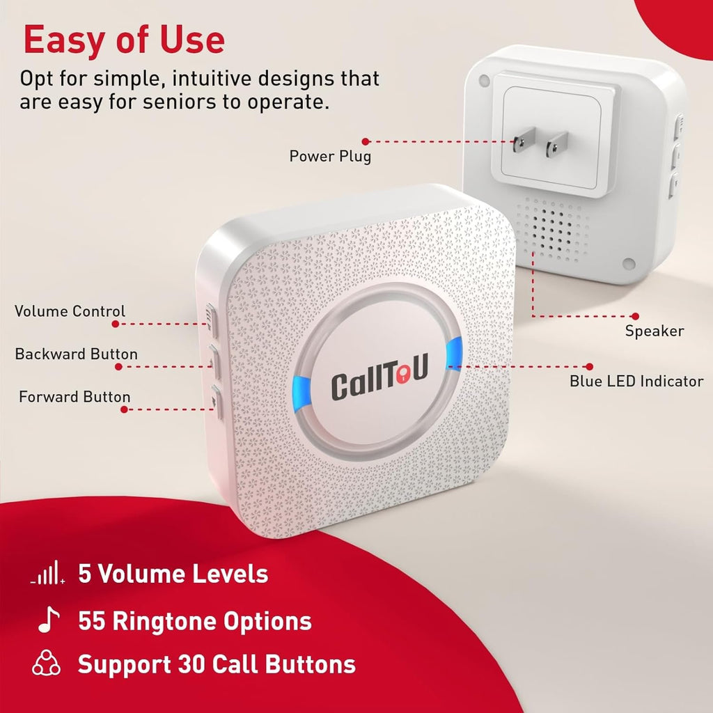 CallToU Caregiver Pager with 2 Wireless Call Button for Elderly at Home | Easy Use, Loud Whole-Home Alerts, 500+FT Through-Wall, Waterproof Call Bell Alert Buttons for Seniors/Elderly/Patients/Adults