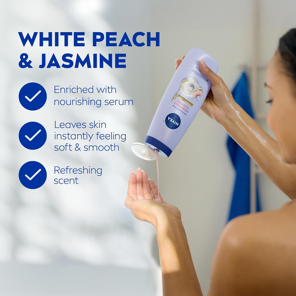 NIVEA Refreshing White Peach and Jasmine Body Wash, Multipack, 3 x 20 FL OZ | Scented Body Wash for Women with Nourishing Serum, Enriched with Provitamin B5 and Vitamin E, Paraben Free