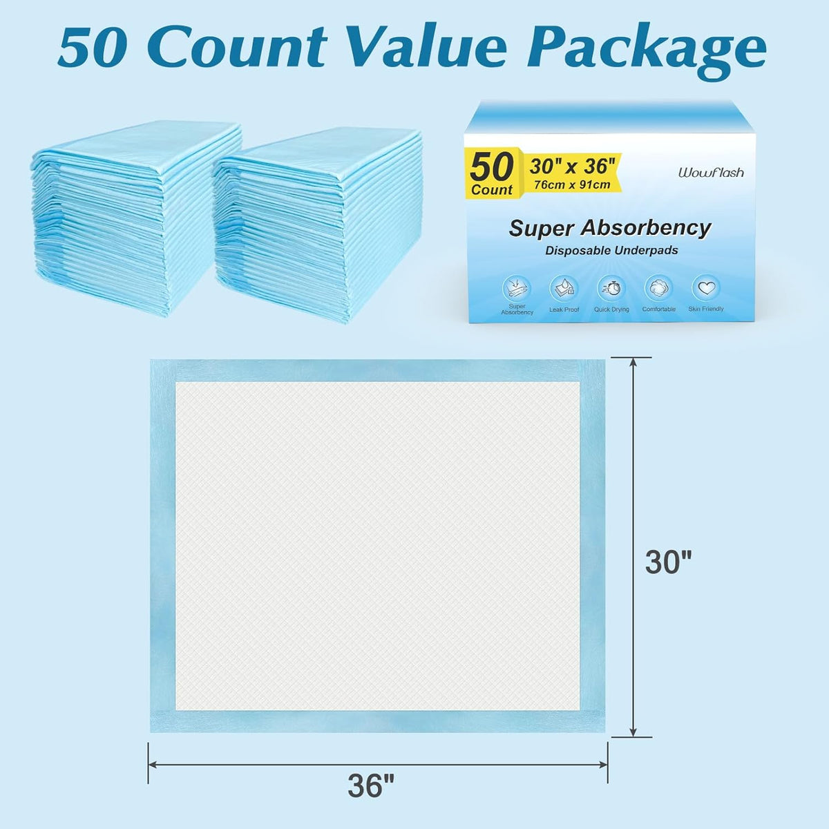 Super Absorbency Disposable Leakproof Underpads with Quick Drying for Baby, Adults, Puppy, Dog Bed Pee Pads, Extra Large, XXL Incontinence Pads, 30” x 36”, 50 Count