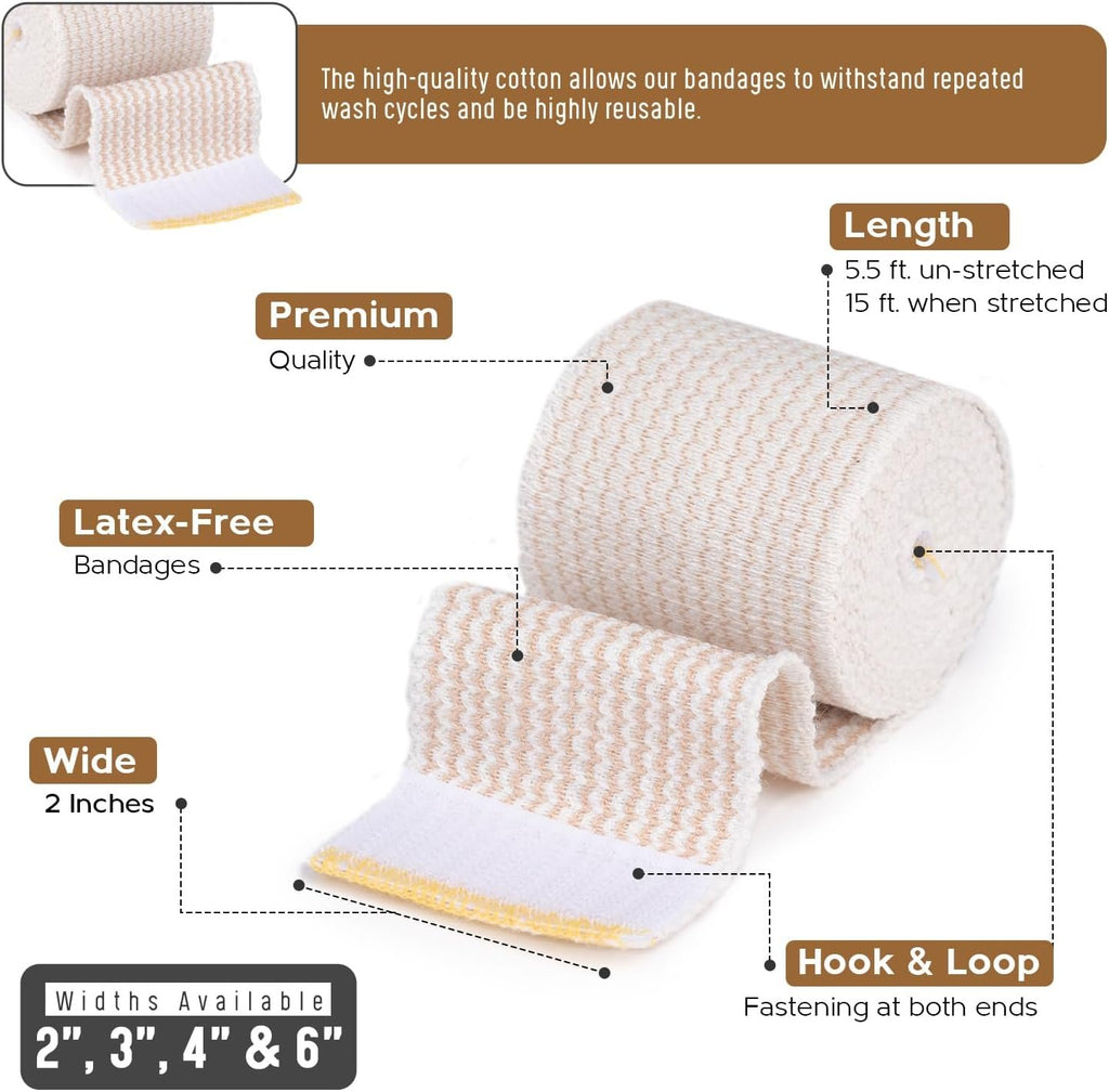 Premium Elastic Bandage Wrap (2” Wide, 2 Pack) - Nexskin Latex Free Athletic/Medical Compression Bandages Hook & Loop Fasteners at Both Ends - Lifetime Washable & Reusable Bandages