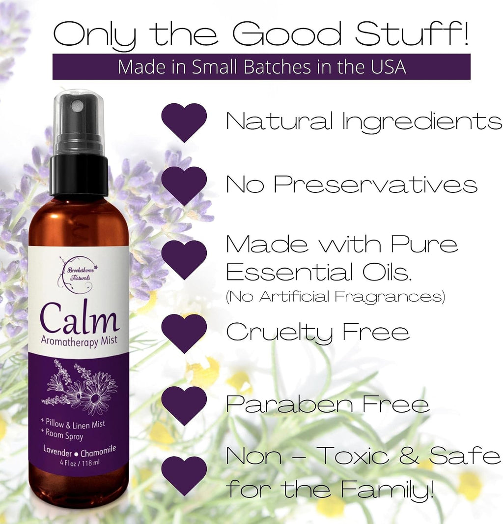 Brookethorne Naturals Calm Aromatherapy Mist | Lavender Pillow Spray 4oz | Lavender & Chamomile Essential Oil room, linen & bed spray | Calming scent for Relaxation & Sleep | Paraben-free, made in USA
