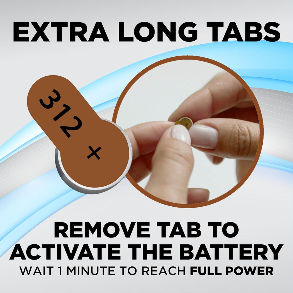 Powermax Size 312 Hearing Aid Batteries, 60 Count Long-Lasting Battery Pack, Brown Long Tab for Easy Change