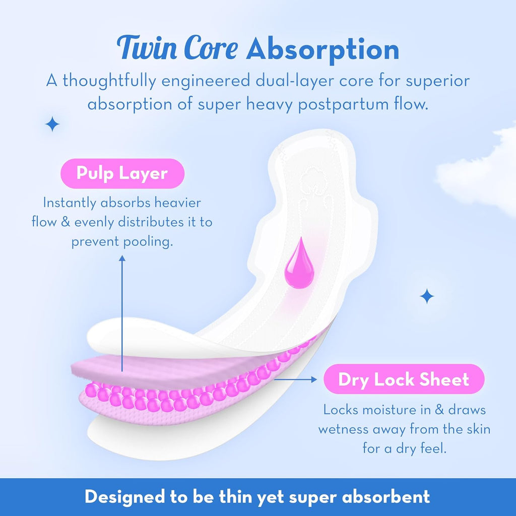 Plush Maternity Pads after Delivery, 10 Pcs (410 mm) | Twin Core Absorption XXXL Pads | For Postpartum Bleeding, Absorbs Heavy Gushes & Clots | U.S. Cotton Softness | Breathable & Rash-Free | Safe for Healing Skin