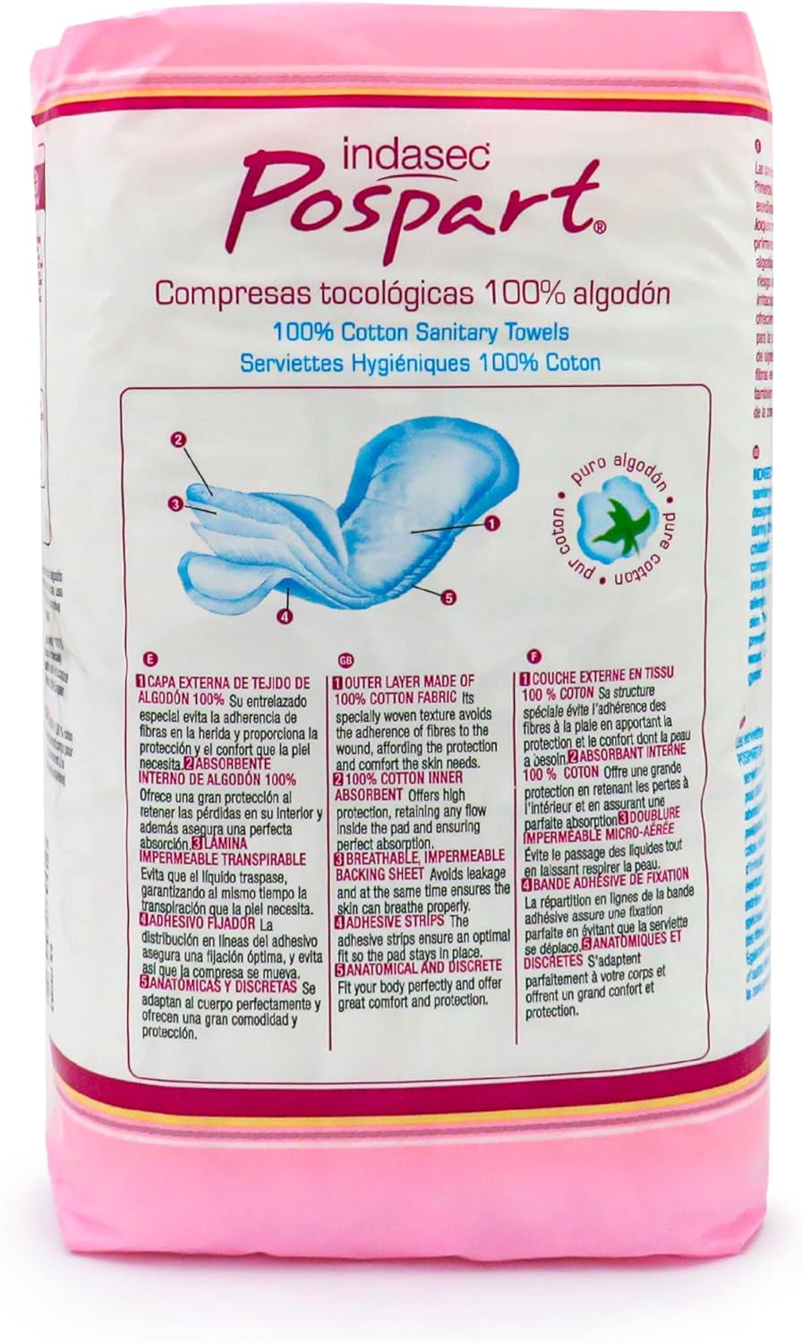 Indasec 100% Cotton Tocological Postpartum Pads - 12 Sanitary Towels - Hypoallergenic