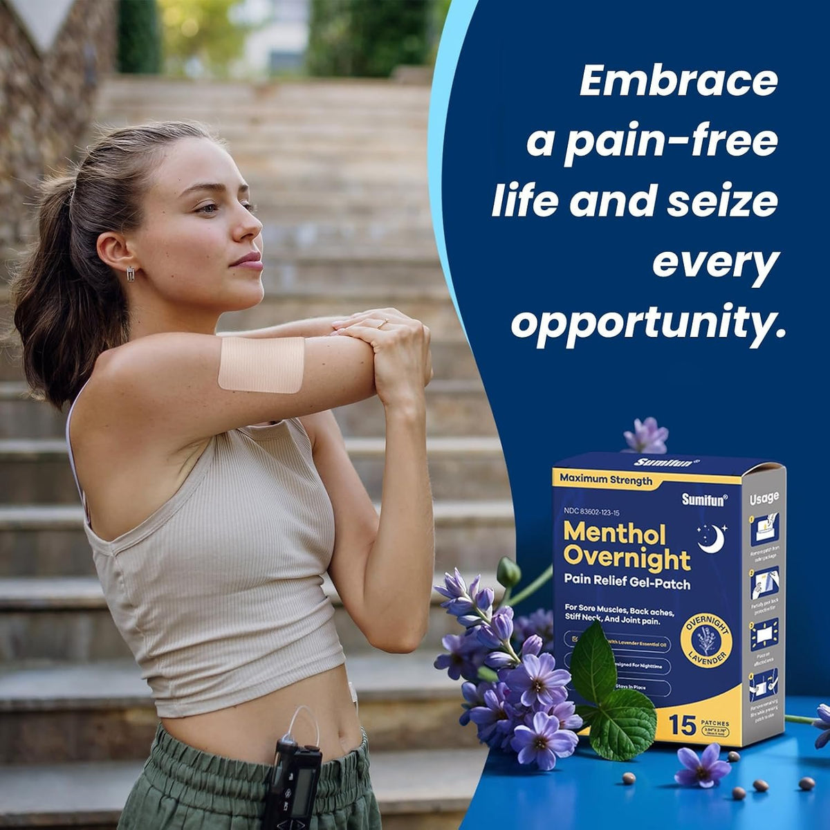 Sumifun Overnight Pain Relief Patches - Cold Hot Pain Patch with Lavender Scent - Menthol Pain Reliver for Knee & Lower Back Pain Relief Sore Muscle Relief (15 Counts(Pack of 1), Lavender)