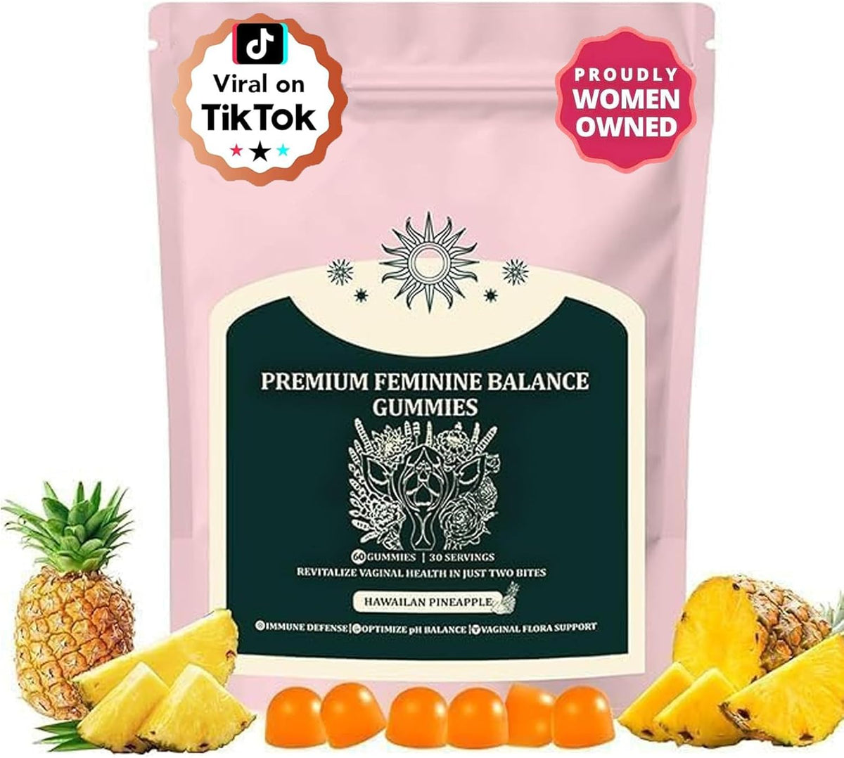 Feminine Balance Gummies – Vaginal Probiotics & Probiotics for Women – Vegan, Low Sugar, Gluten-Free – Pineapple Flavor – 60 Gummie