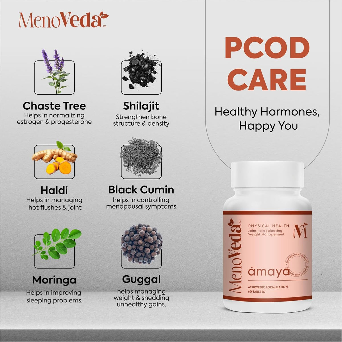 Menoveda Ámaya Ayurvedic PCOD Care Supplement for Women with 13 Herbs | Supports Hormonal Balance, Joint & Physical Health | With Haldi, Shatavari, Ashwagandha, Moringa, and Guggulu | 60 Tablets