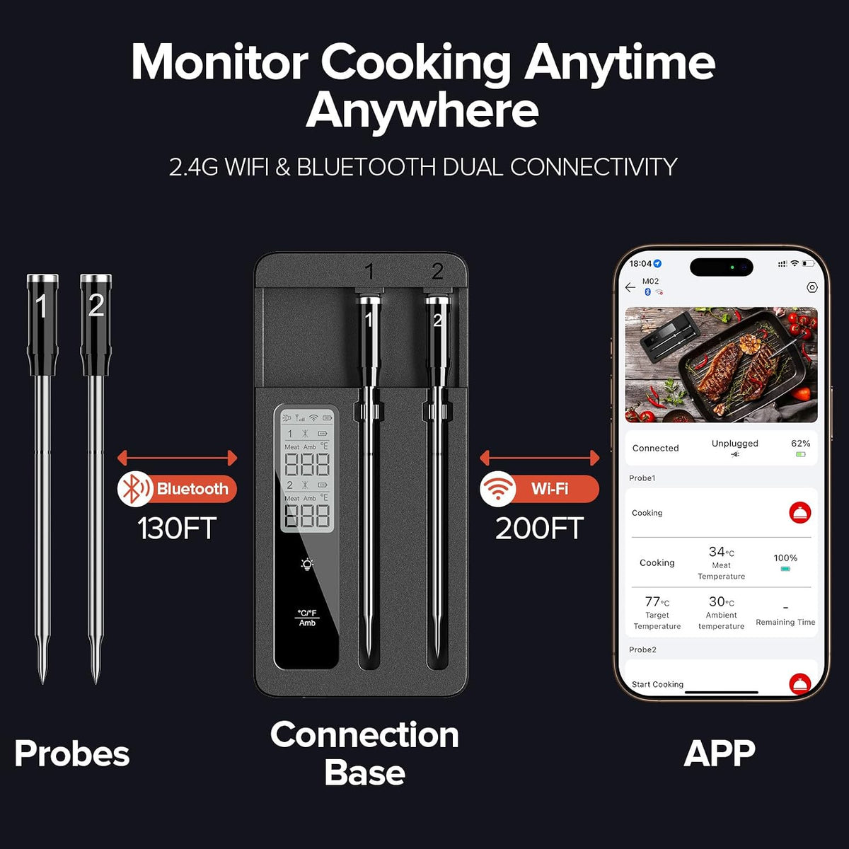 Smart Wireless Meat Thermometer Dual Probes with WiFi Bluetooth Combo