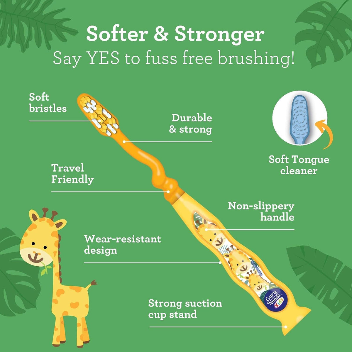 GuruNanda Kids Toothbrush with Suction Cup & Fun Animal Designs - Soft Bristles for Healthy Gums- Non-Slippery & Mess-Free Toothbrush, 3+ Age- 4 Count