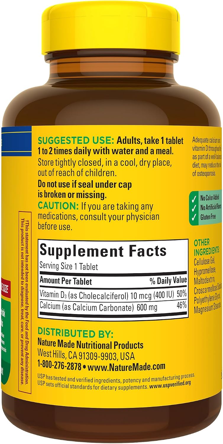 Nature Made Calcium 600 mg with Vitamin D3 for Bone Support, 220 Tablets