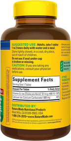 Nature Made Calcium 600 mg with Vitamin D3 for Bone Support, 220 Tablets