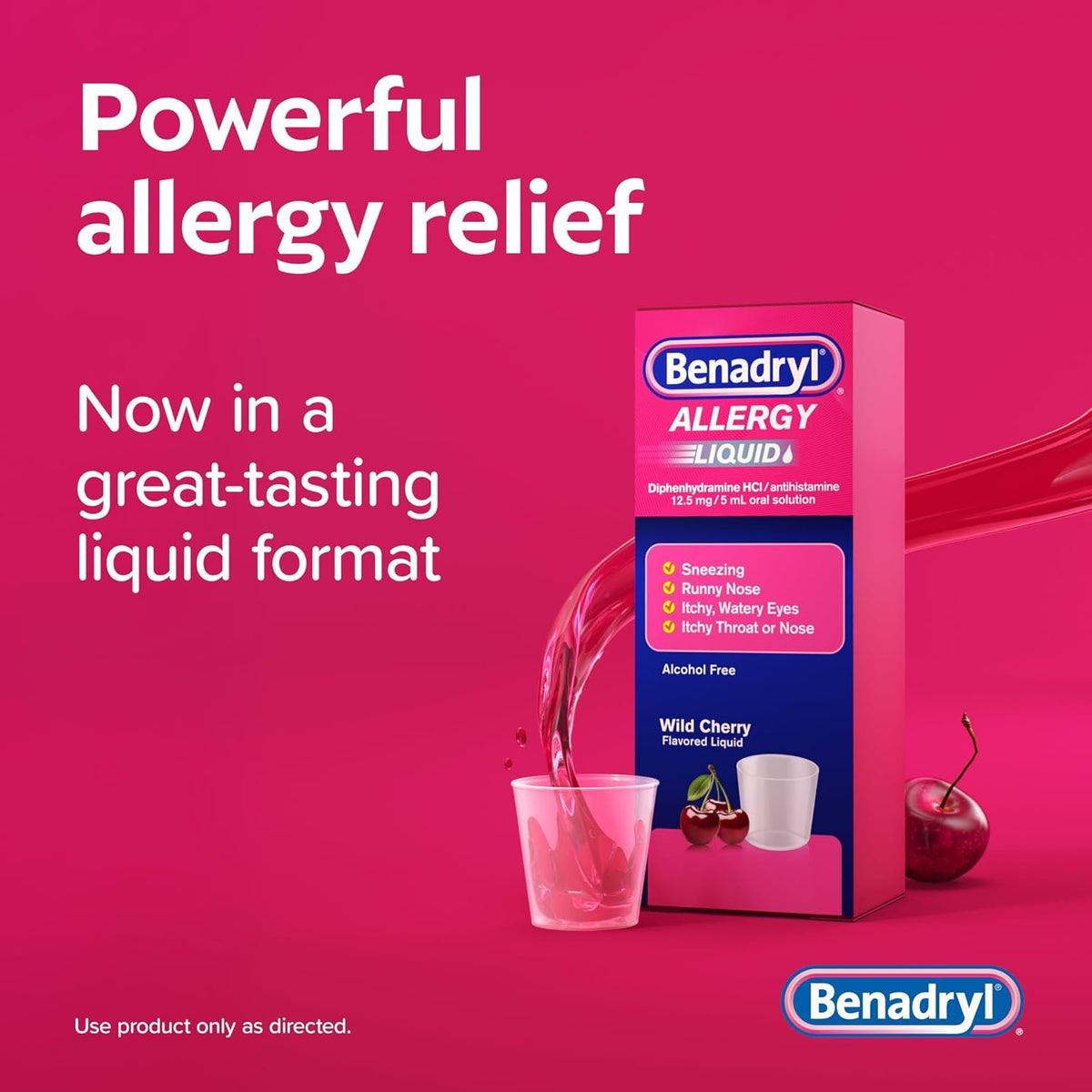 Benadryl Allergy Medicine Liquid, Diphenhydramine HCl, Wild Cherry, 4 fl oz | Antihistamines for Adults, Alcohol-Free, Hay Fever Allergy Relief for Sneezing, Runny Nose, Itchy & Watery Eyes
