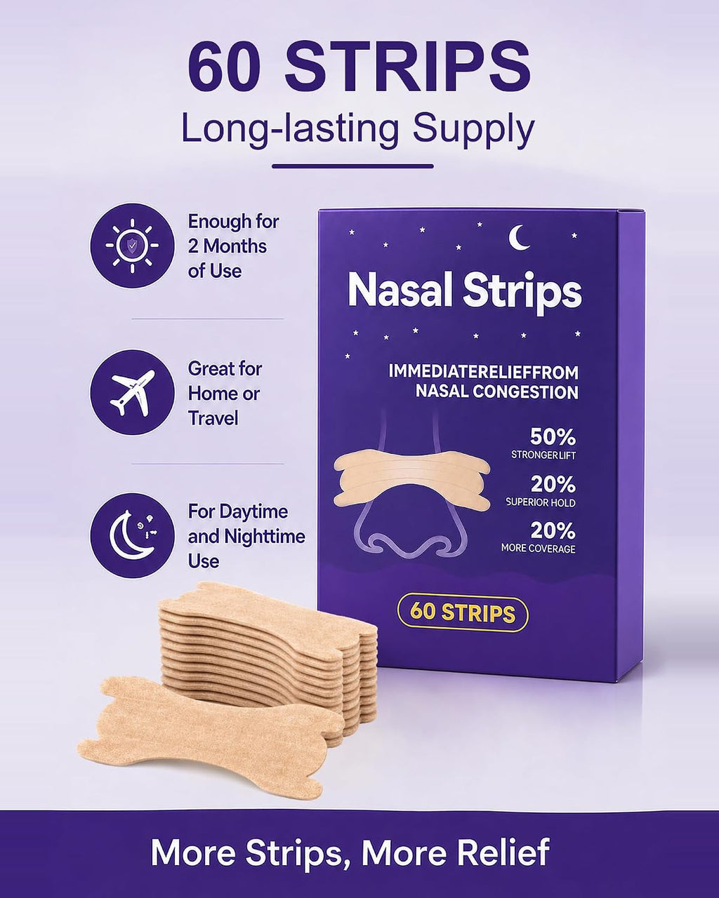Extra Strength Nasal Strips for Snoring and Nasal Congestion Relief,Drug-Free Breath Better Nose Strips with Strong Adhesive,50% Stronger Lift,Clear Comfortable Design for Sensitive Skin,60 PCS