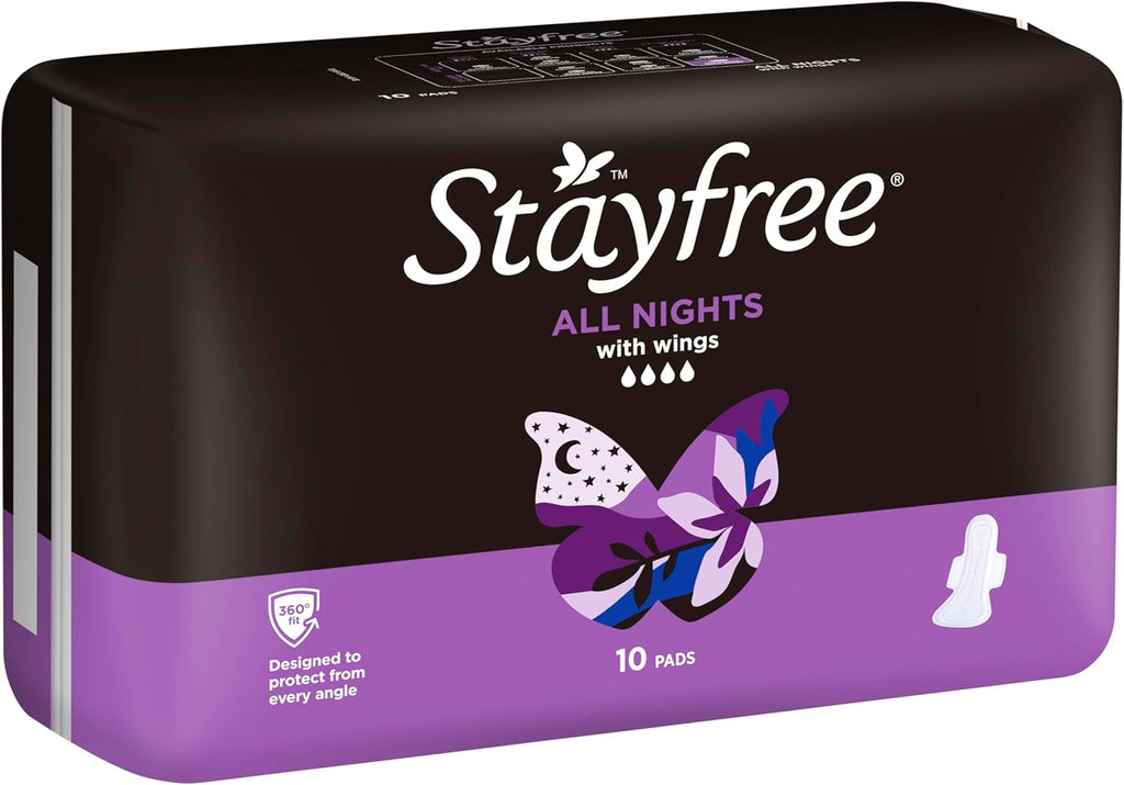 Stayfree All Nights Pads With Wings 10 Pack|Faster Absorption | Neutralises Odour|Cottony-Soft Quilted Cover| Keeps Dry and Comfortable