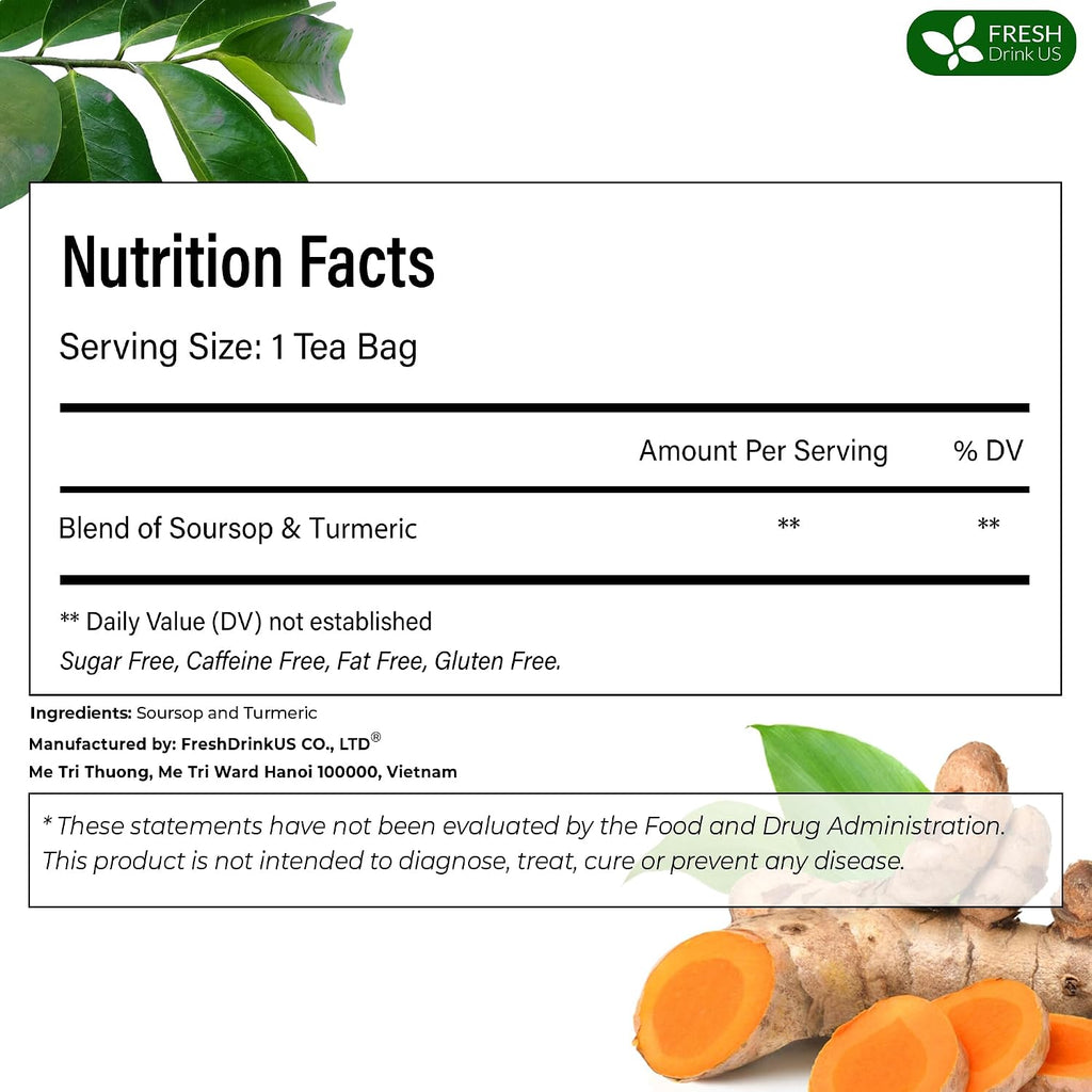 FreshDrinkUS, Premium 60 Soursop Turmeric Tea Bags, 100% Natural, Blend of Soursop Leaves, and Turmeric Root. No Sugar, Vegan.