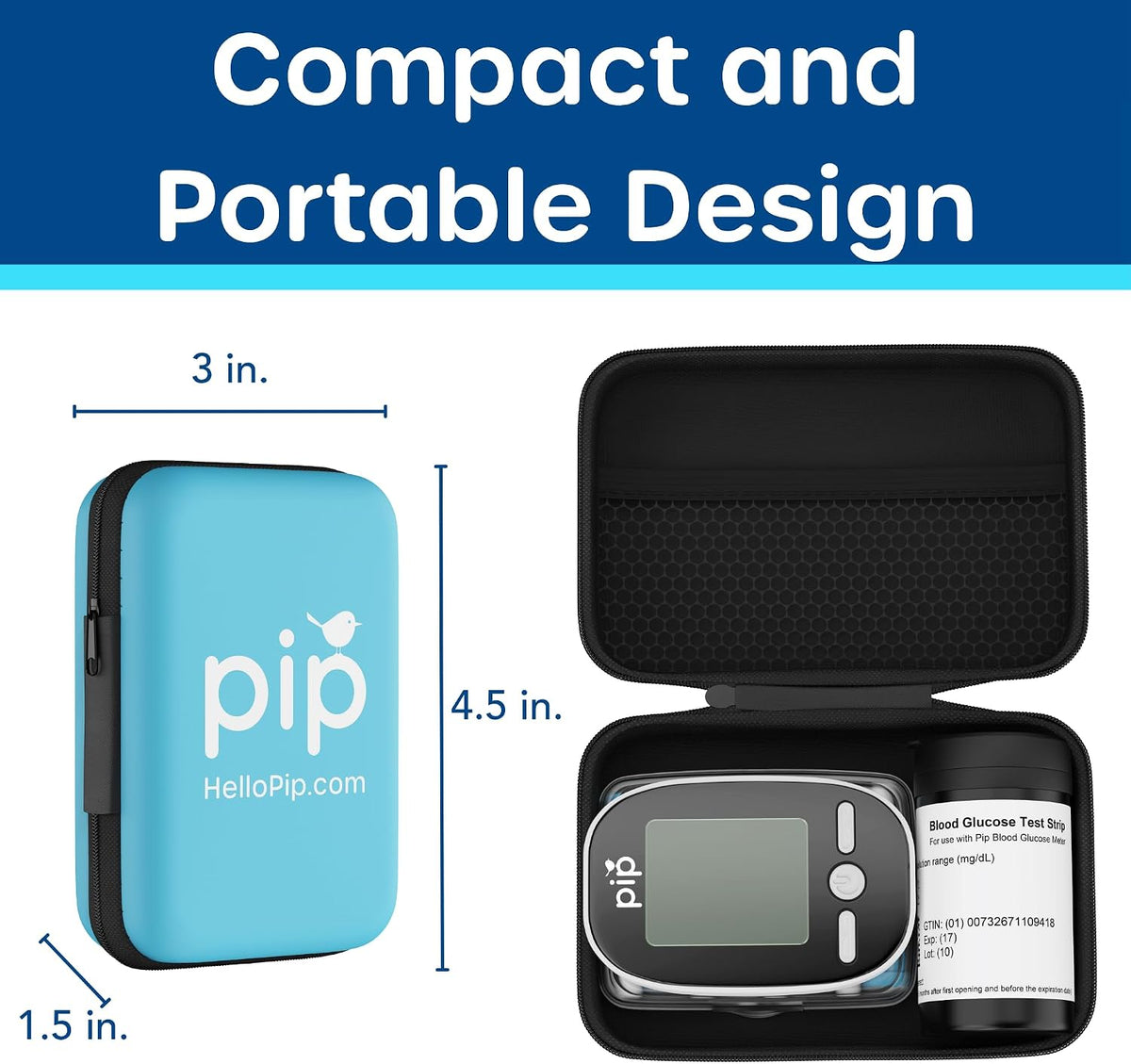 Pip Blood Glucose Monitor Kit - 50 Test Strips, Preloaded Lancets & Case