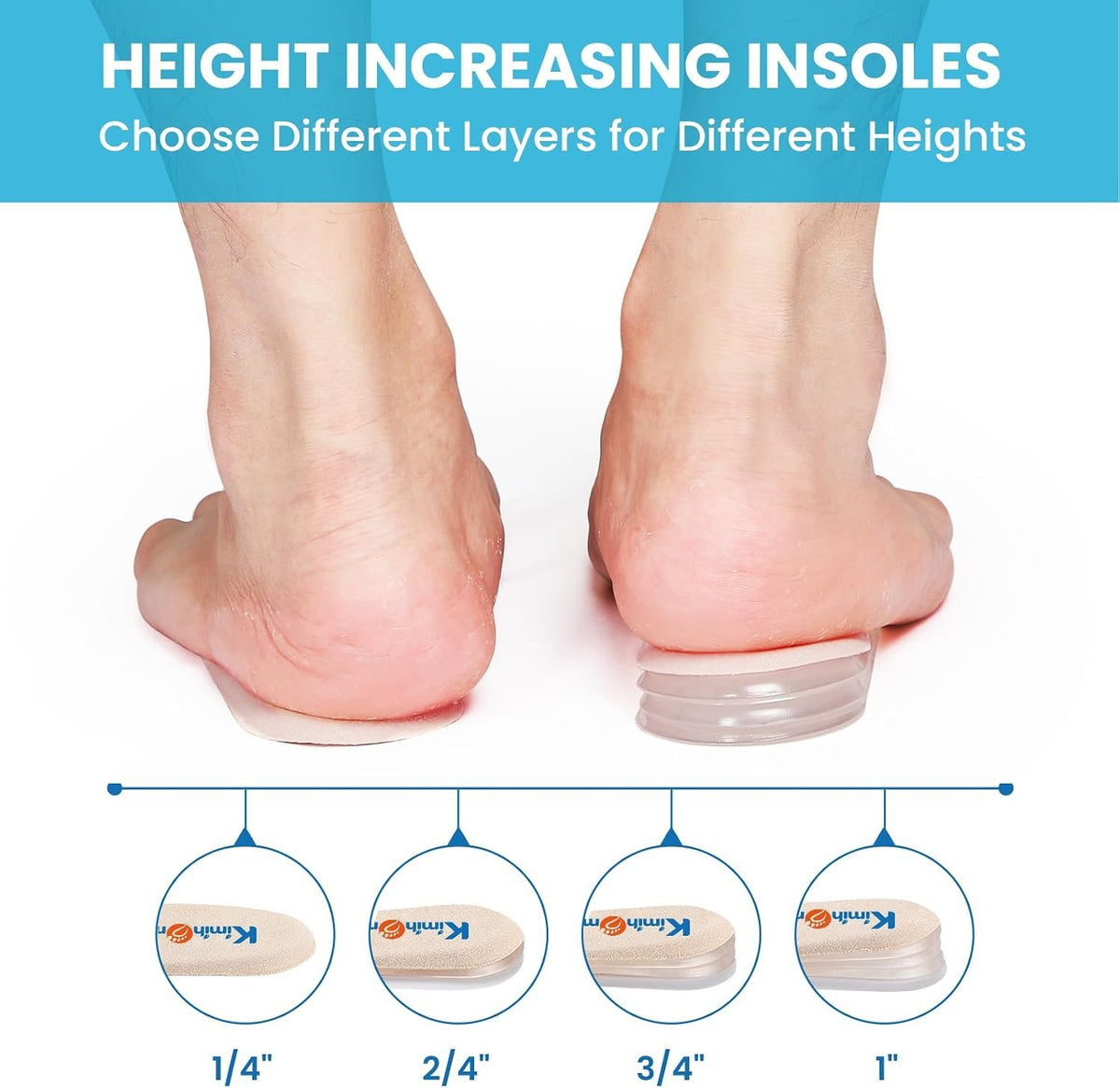Heel Lift Inserts for Women Men - Kimihome Adjustable Gel Heel Cushion Pads for Heel Pain, Uneven Legs Leg Length Discrepancies Height Increase Insole Orthopedic Shoe Lifts (4 Layers, Size L)