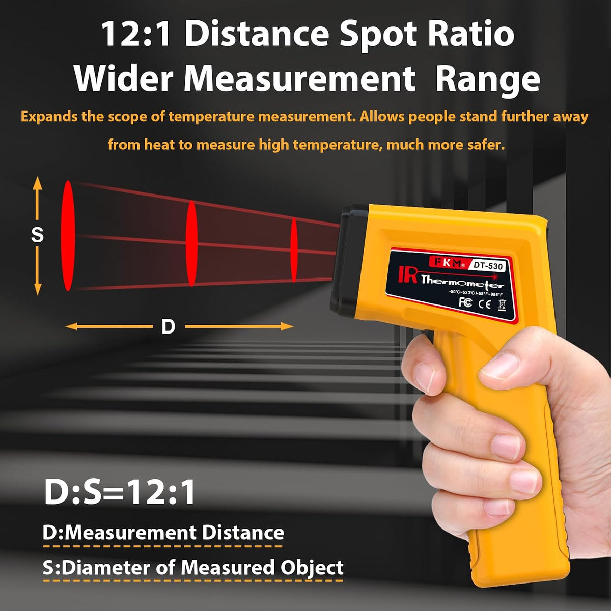 FKM Infrared Thermometer Gun Non-Contact Laser Temperature Gun,-58°F~986°F | Adjustable Emissivity,Digital IR Thermometer Gun for Cooking,Griddle,Pizza Oven,BBQ,HVAC,Automotive,Industrial,Not for Human