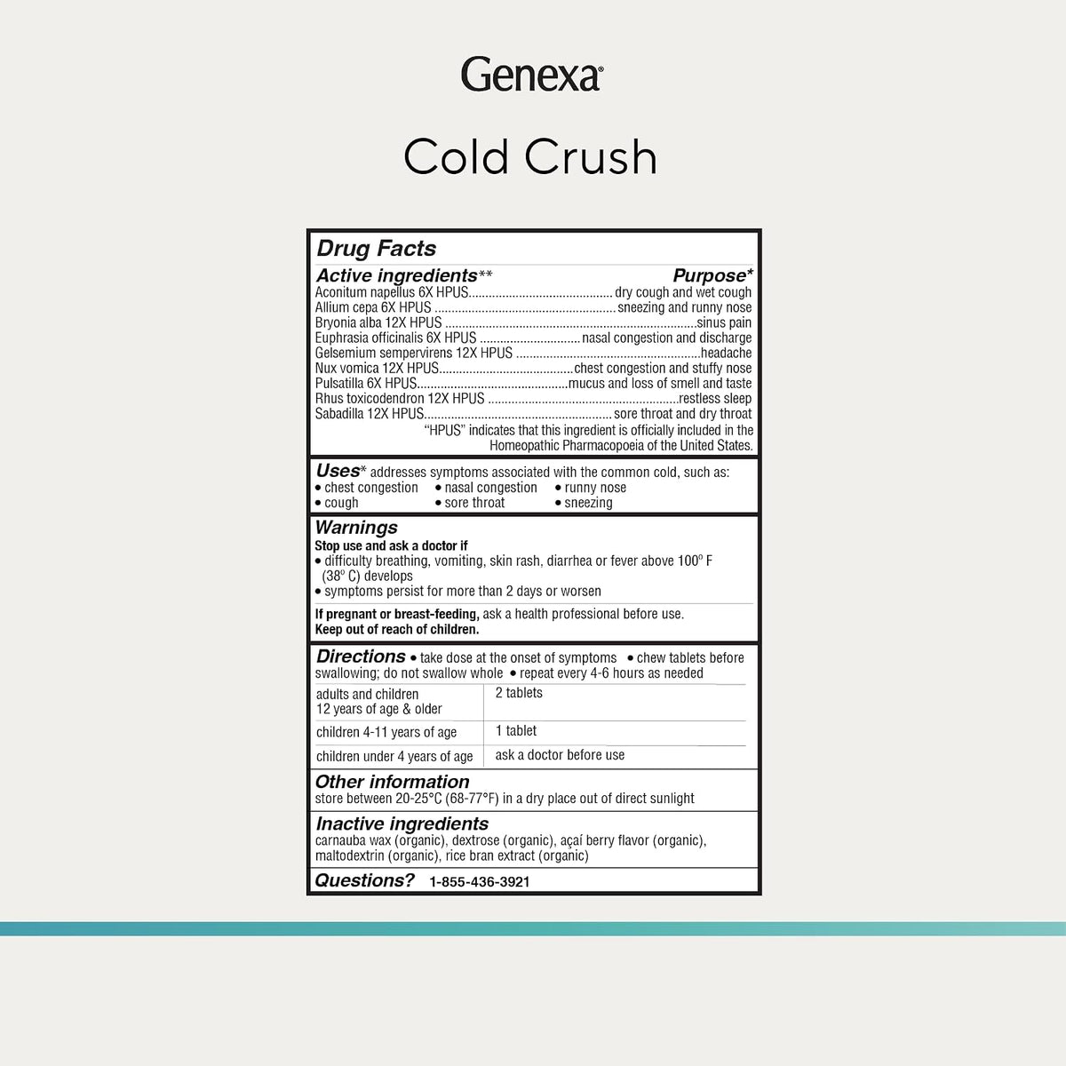 Genexa Cold Crush, Drug Free & Made Clean, 60 Chewable Tablets for Adults | Dye Free, 0% Artificial Additives, Non-GMO, Gluten Free, Homeopathic Cough, Cold, Sore Throat Relief, Acai Berry Flavor
