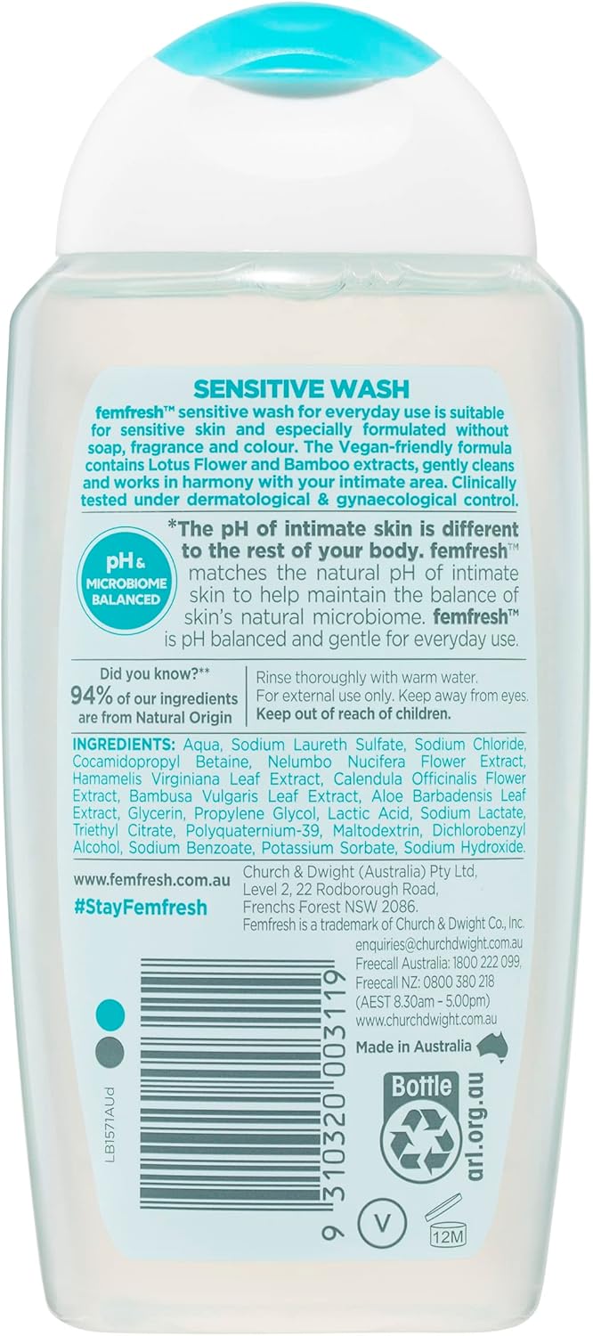 Femfresh Sensitive Intimate Wash 250ml - Fragrance & Colour-Free, With Lotus Flower & Bamboo Extracts, pH & Microbiome Balanced, 94% Natural Origin Ingredients, Soap-Free Gentle Feminine Cleanser