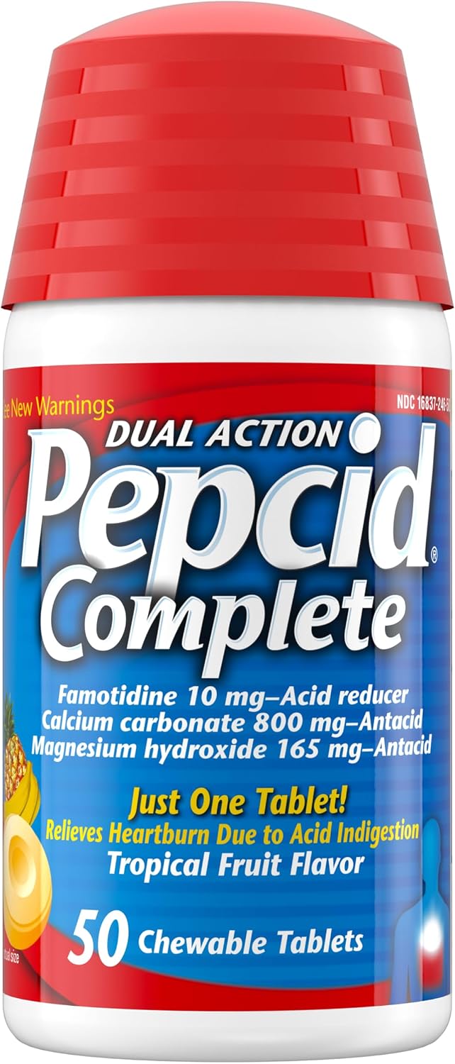 Pepcid Complete Acid Reducer + Antacid Chews, 10mg Famotidine, 50 Ct | Heartburn Relief, OTC, 800mg Calcium Carbonate, 165mg Magnesium Hydroxide, 10 mg Famotidine, For Acid Reflux, Tropical Fruit