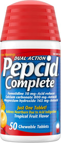 Pepcid Complete Acid Reducer + Antacid Chews, 10mg Famotidine, 50 Ct | Heartburn Relief, OTC, 800mg Calcium Carbonate, 165mg Magnesium Hydroxide, 10 mg Famotidine, For Acid Reflux, Tropical Fruit