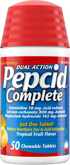 Pepcid Complete Acid Reducer + Antacid Chews, 10mg Famotidine, 50 Ct | Heartburn Relief, OTC, 800mg Calcium Carbonate, 165mg Magnesium Hydroxide, 10 mg Famotidine, For Acid Reflux, Tropical Fruit