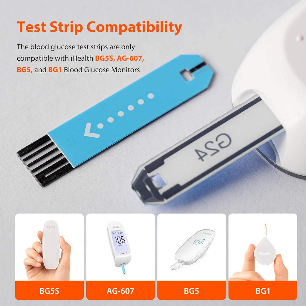 iHealth Glucose Test Strips & Lancets, 50 Each, No Coding | Compatible with iHealth Meters Only, 0.7 µL Sample, 5-Second Results, Blood Sugar Test Strips