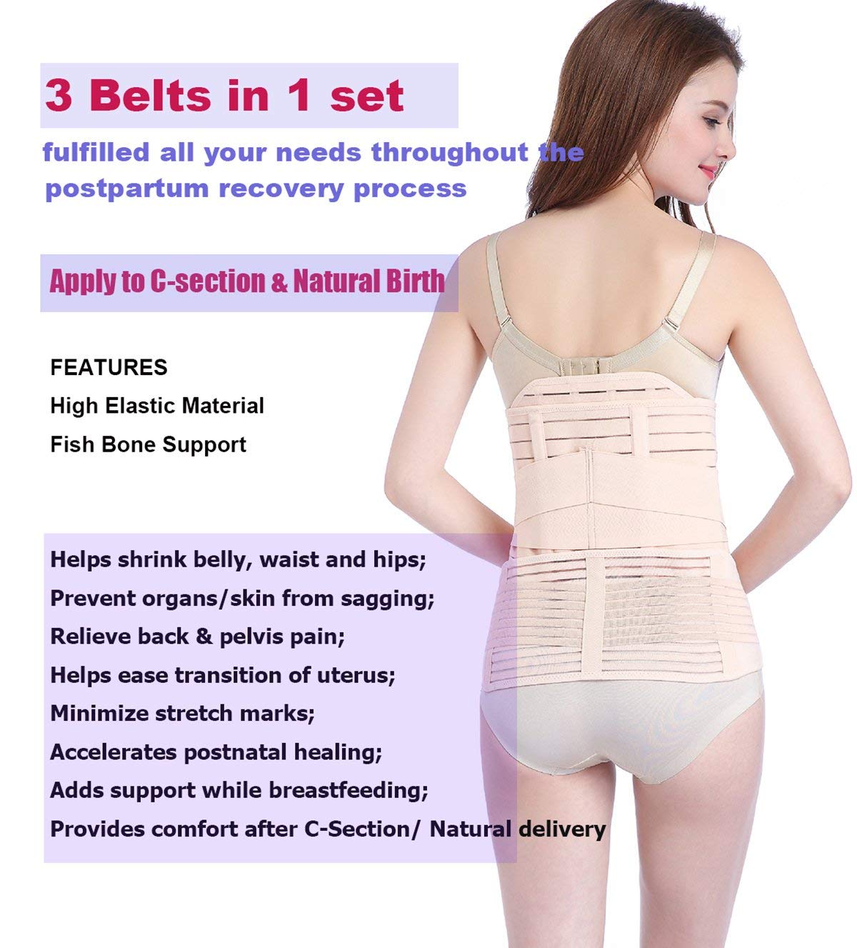 Postpartum Belly Wrap 3 In 1 Post Partum Support Girdles C-Section Recovery Belly Waist pelvis Wrap Postnatal Trainer Belt (One Size, Nude)
