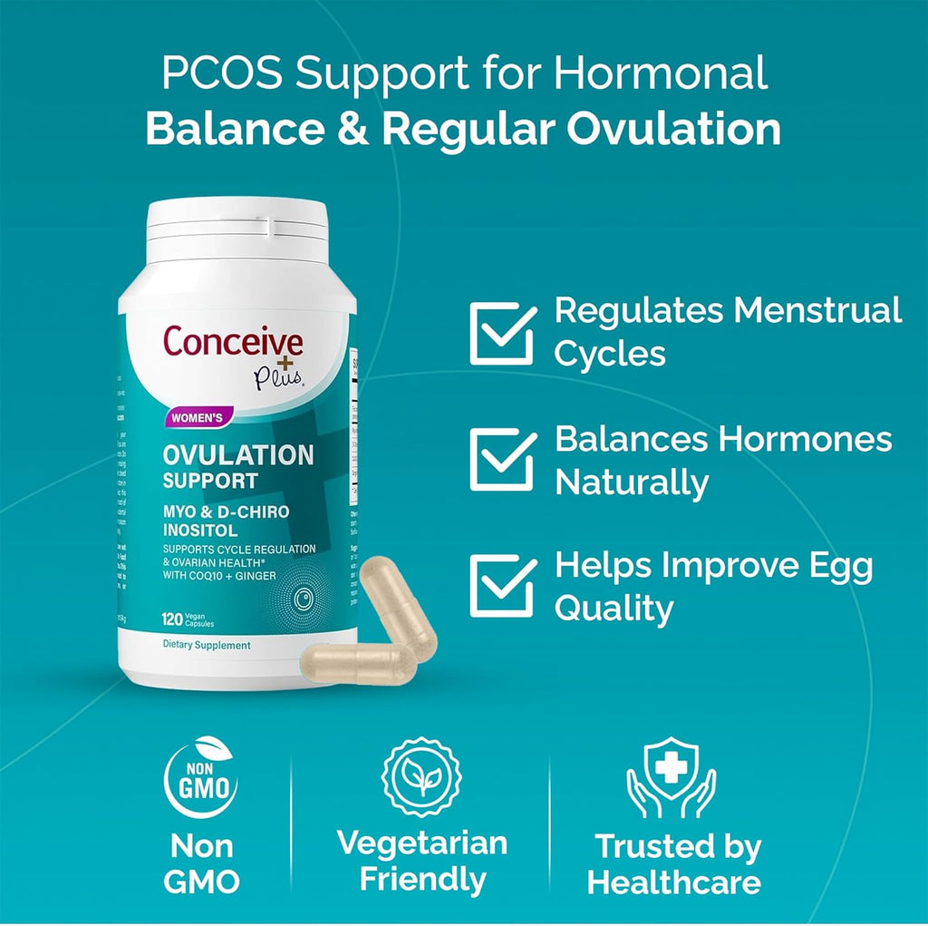 Conceive Plus Ovulation Support - PCOS Supplement for Fertility, Myo-Inositol & D-Chiro Inositol, Folic Acid, Ginger & CoQ10 - Multivitamin - Hormone Balance for Women - 120 Soft Capsules