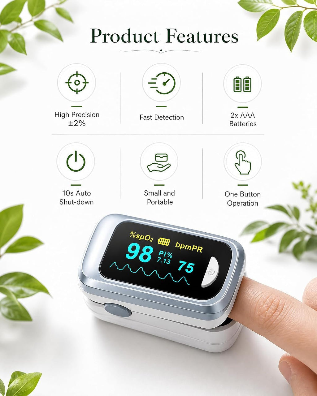 Fingertip Pulse Oximeter Blood Oxygen Saturation Monitor Pulse Ox, Heart Rate and Fast Spo2 Reading Oxygen Meter with OLED Screen Included Lanyard and 2 X AAA Batteries