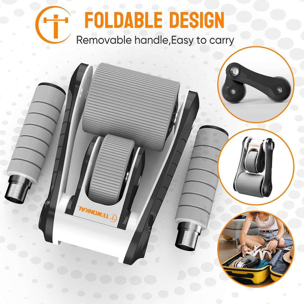 Portable Ab Roller Wheel with Knee Pad & Storage Bag, Foldable Design Quiet Wheels with Smooth Bearings, At Home Gym Travel for Strength Training