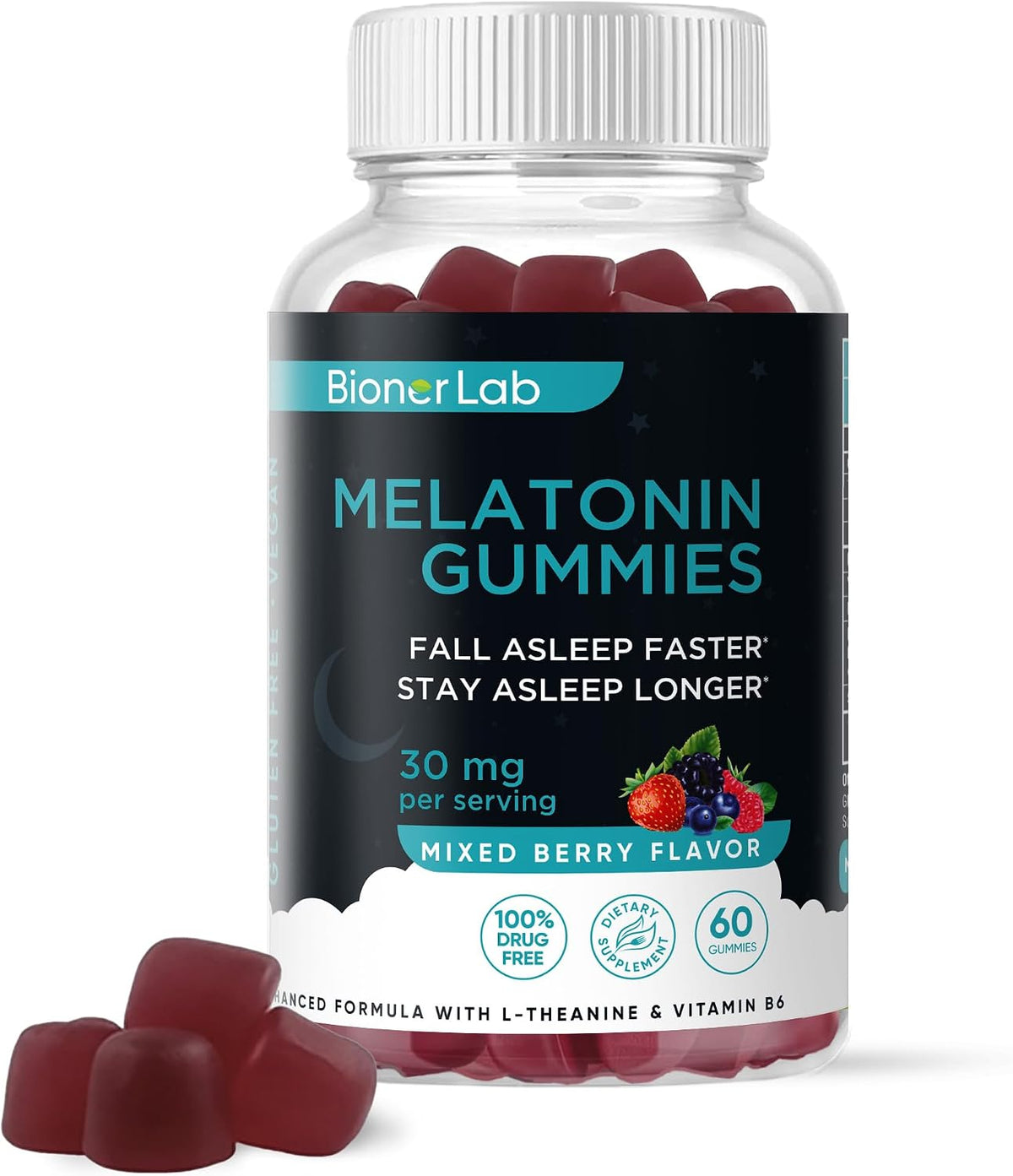BionerLab Melatonin Gummies (30mg) Enhanced with L-theanine & Vitamin B6 for Adult Women Men - Extra Strength Chewables Calm Gummy - Gluten Free