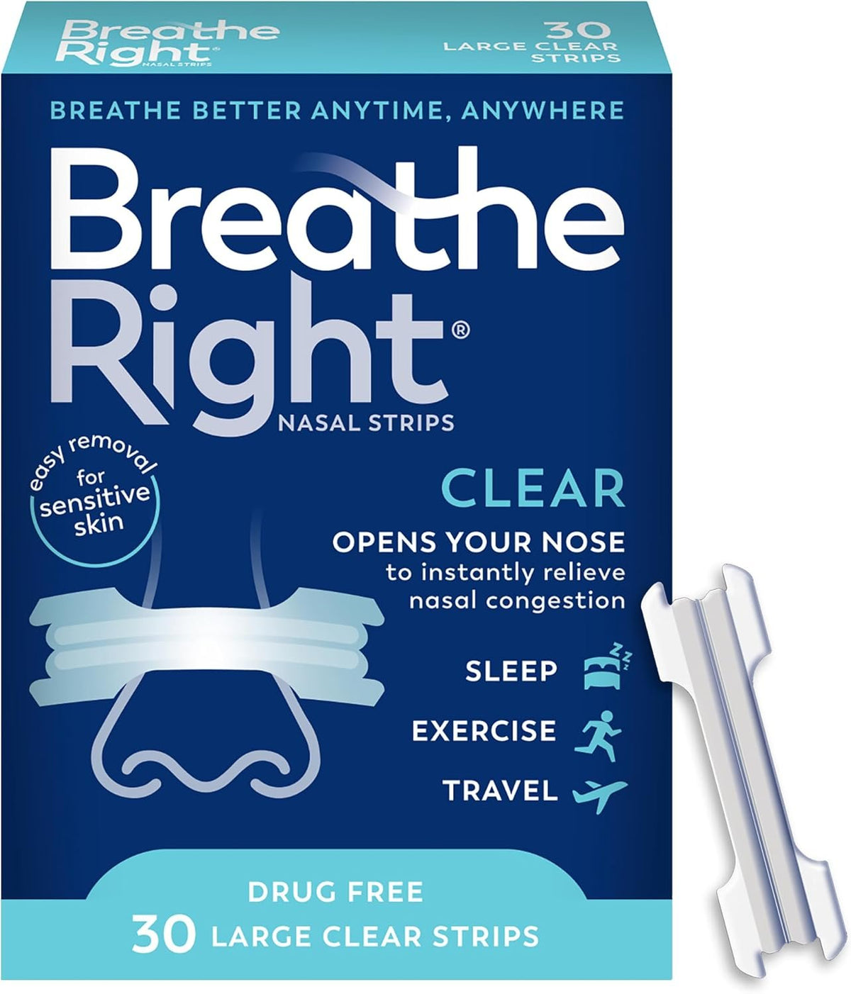 Breathe Right Nasal Strips, Relieves Nasal Congestion, Large, Clear, 30 ct