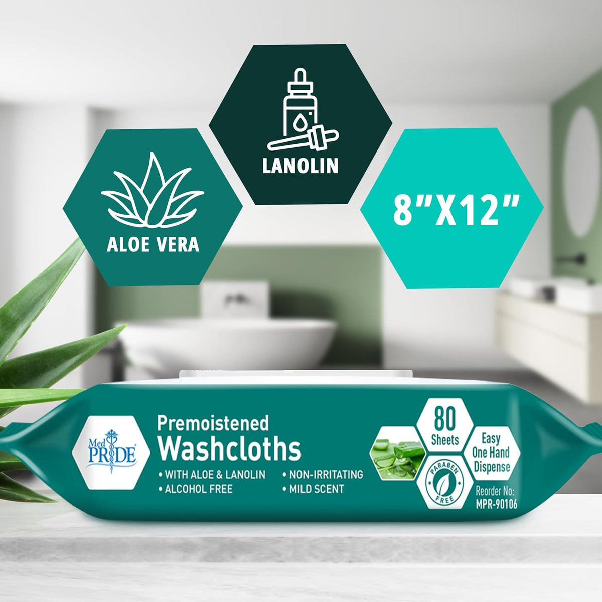 MED PRIDE XL Premoistened Adult Washcloths 8x12 in,Sensitive Skin,80 Count