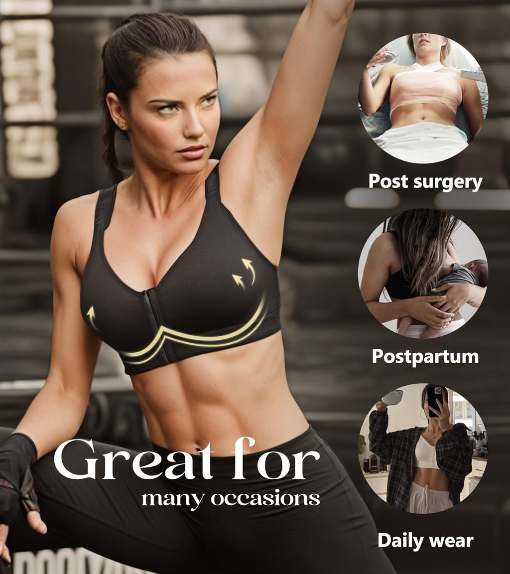 Lemorosy Post-op Bra with Front Closure for Women Plus Size Without Underwire Adjustable Sports Back Comfort Support
