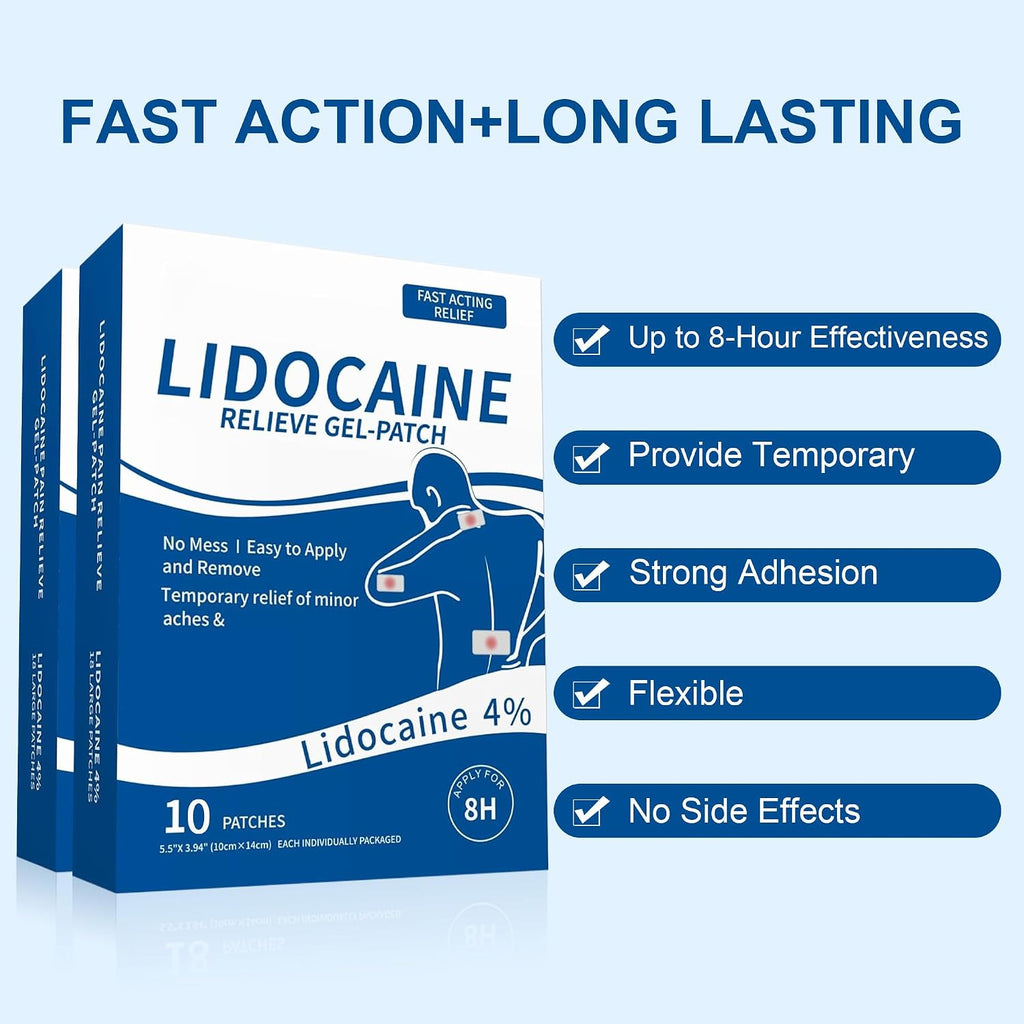 KONGDY 4% Lidocaine Patches 20 Count Maximum Strength Pain Relief Patch | 5.5"x3.94" Fast-Acting Topical Pain Relief Gel Patches for Back, Neck, Shoulder, and Joint