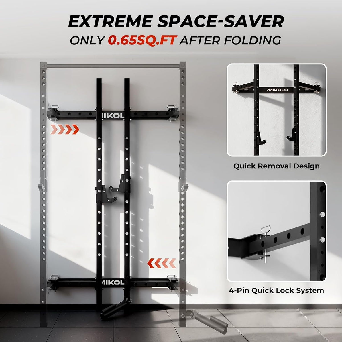 Mikolo 2" x 2" Folding Wall Mounted Squat Rack, 1000 Pounds Capacity Power Rack with Pull Up Bar, J Hooks and Other Attachments, Space-Saving Home Gym