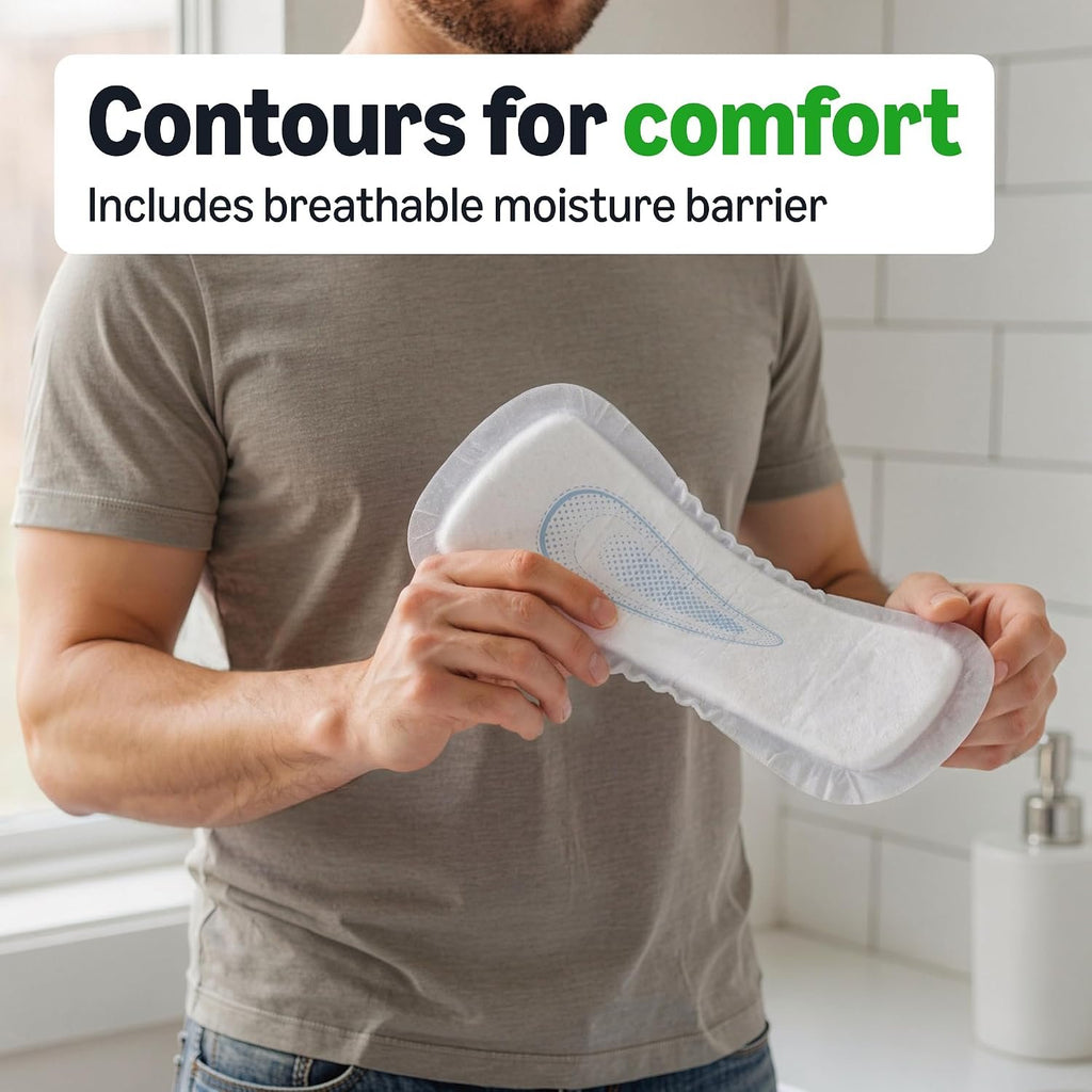 Amazon Basics Men's Incontinence Guards, Maximum Absorbency, Moisture-Wicking with Odor Protection, One Size Fits Most, 104 Count (2 Packs of 52), Packaging May Vary