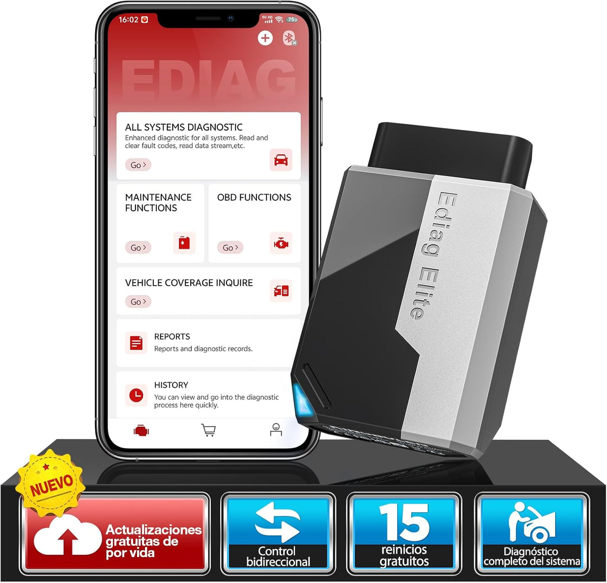 KINGBOLEN EDIAG Elite OBD2 Diagnosis, Bluetooth Diagnosis Car Multibrand, All Systems Diagnosis, 15+ Reset Services, Active Test, for Android & iPhone, Free Updates