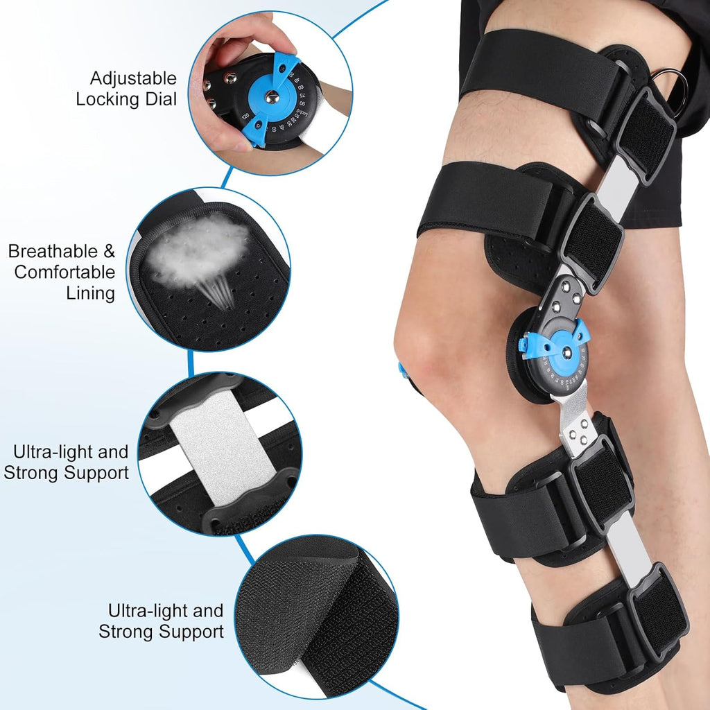 Hinged ROM Knee Brace with Adjustable Locking Dial & Side Stabilizers - Post Op Knee Support for ACL, PCL, MCL Injury, Meniscus Tear Recovery - Universal Fit Stabilizer for Men & Women, Left or Right Leg
