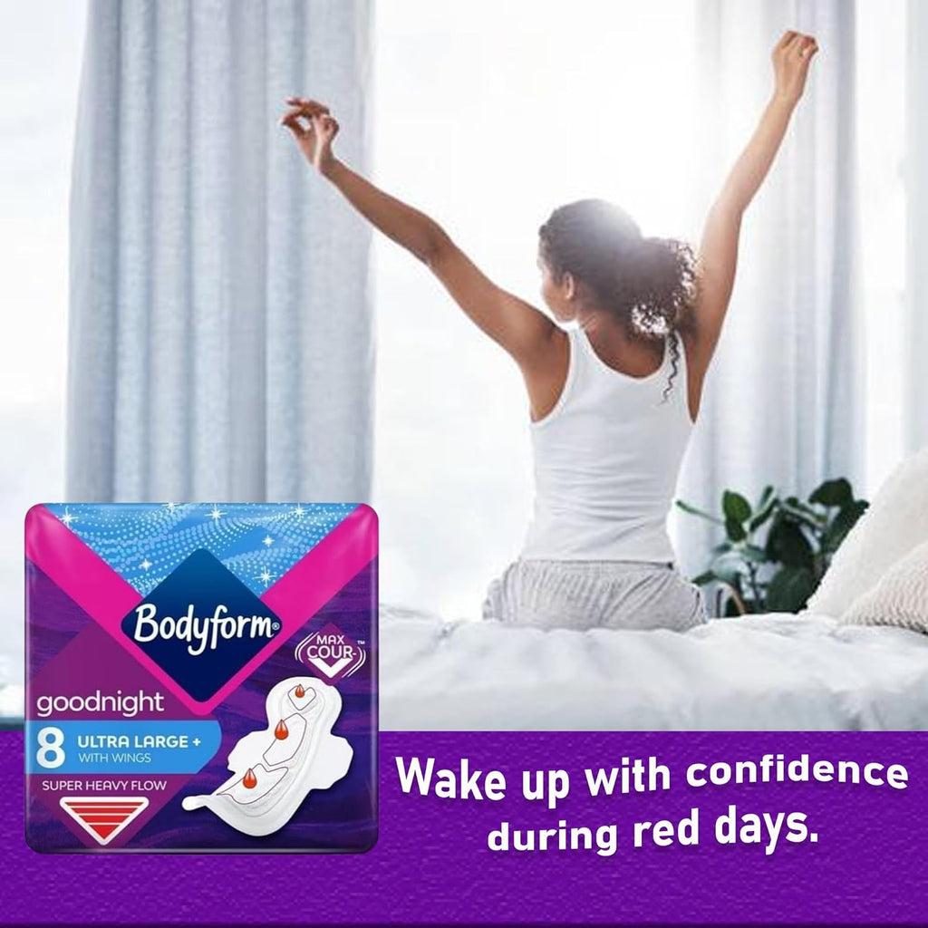 Bodyform Ultra Goodnight Winged Sanitary Pads for Women, Super Heavy Flow, Night Use, 48 Pads, 6 Packs of 8 Period Pads, Cour-V Ultra Night Series, Absorption