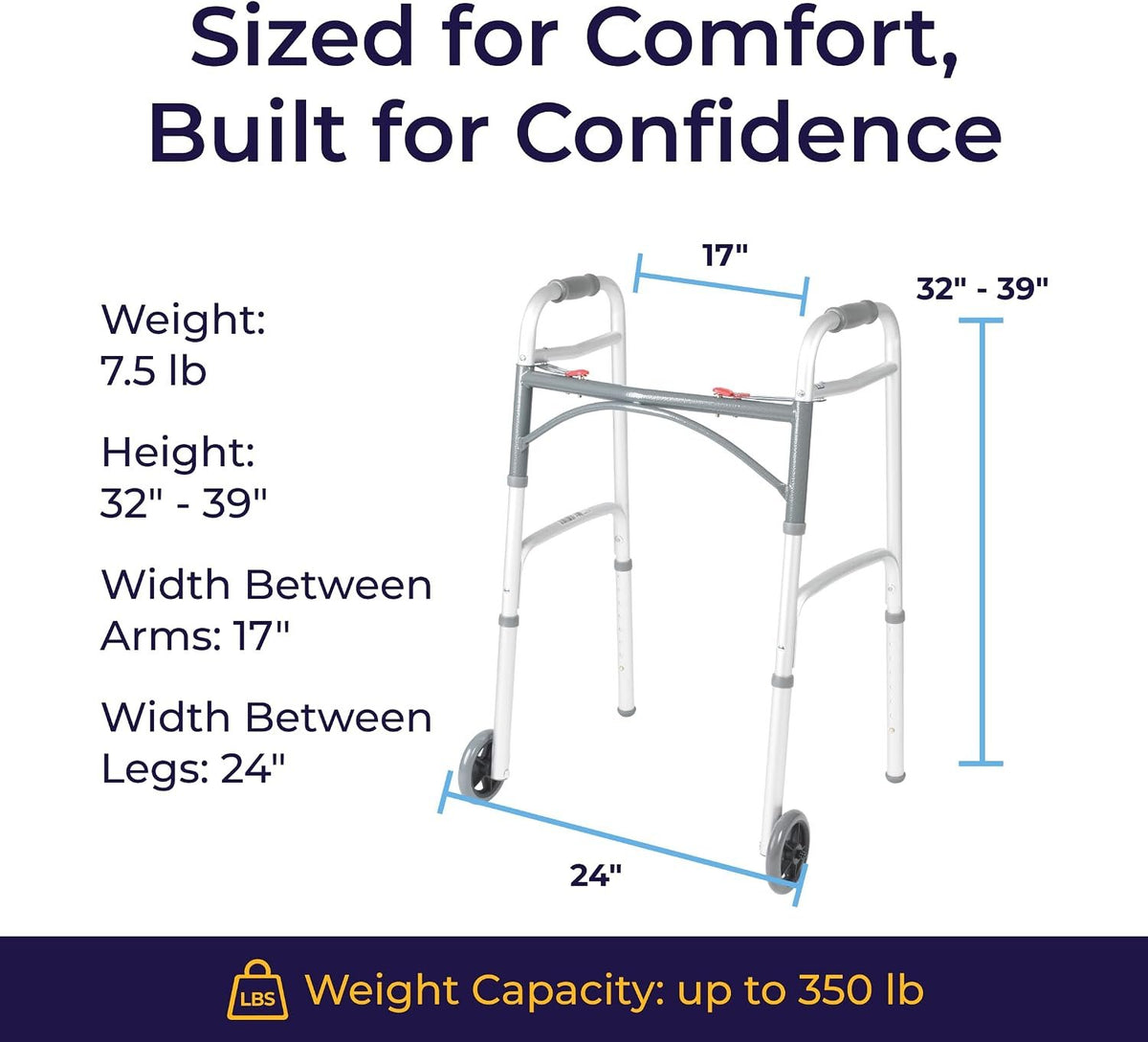 Drive Medical Two-Button Folding Walker with Wheels, Height Adjustable | Two-Button Rolling Walker Features Dual Push-Button Operation, Adjustable Height and Durable Aluminum Frame