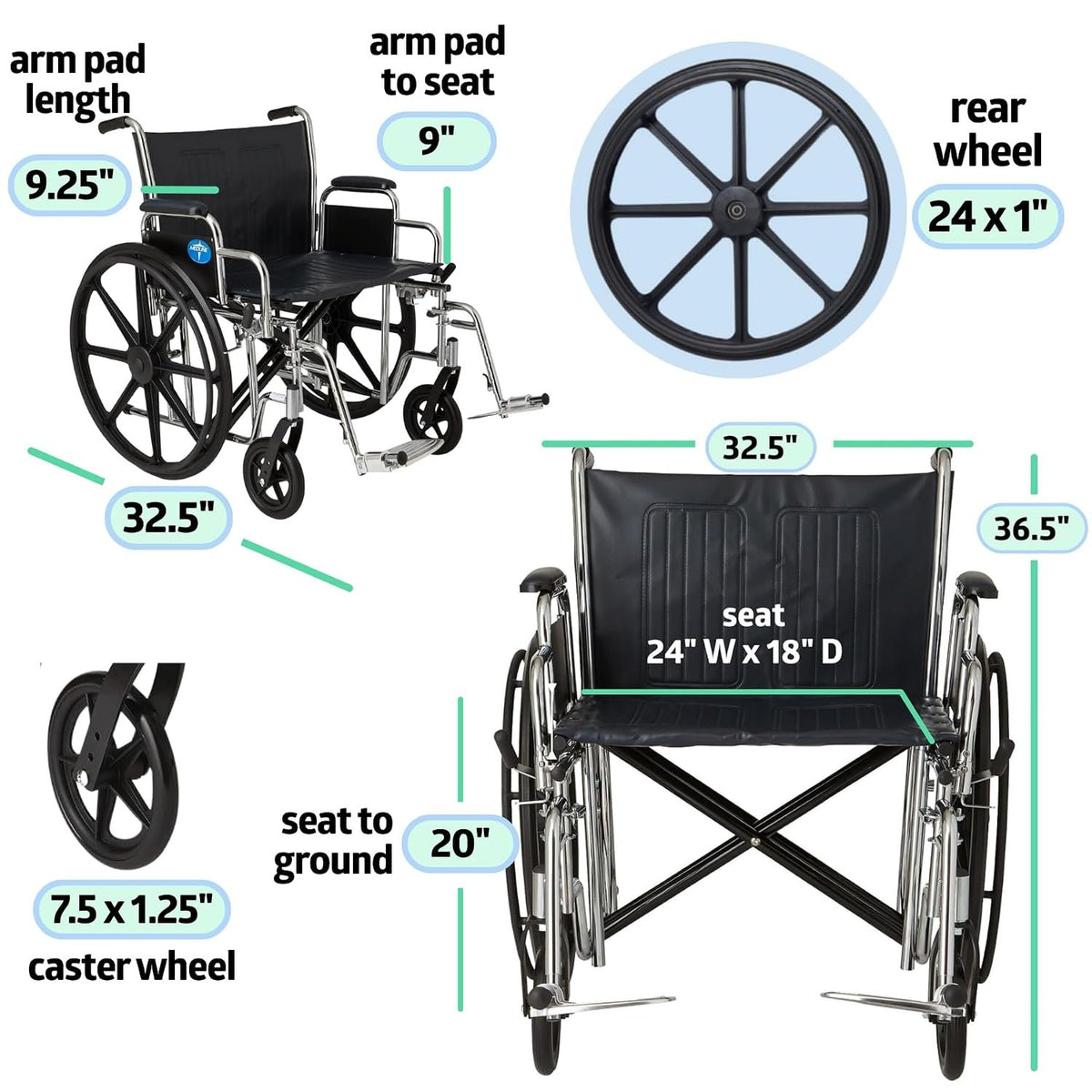 Medline Excel Extra-Wide Bariatric Wheelchair For Adults and Seniors with 24" Wide Seat, Supports up to 500 lbs