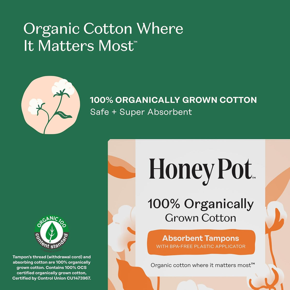 The Honey Pot Company - 100% Organic Cotton Tampons - Regular Absorbency | Multipack - Tampons w/BPA Free Plastic Applicator - Unscented - Without Fragrances or Chlorine - Feminine Care - 54ct