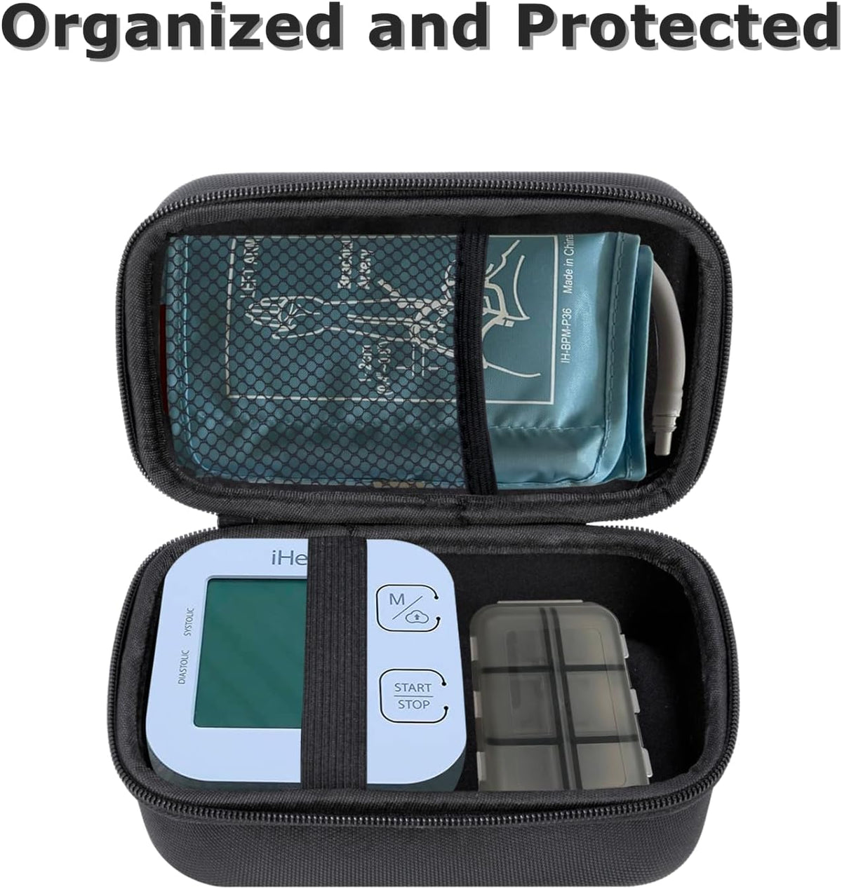Ginsco Compact Hard Shell Case for Blood Pressure Monitor, Compatible with Omron Bronze/iHealth/Oklar, Portable Carrying Travel Case with Handle, Mesh Pocket for Cuff/Batteries/Charger (Black, M)