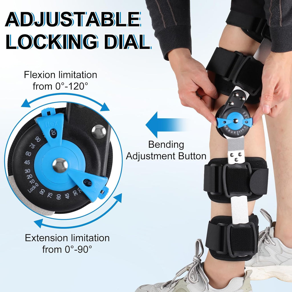Hinged ROM Knee Brace with Adjustable Locking Dial & Side Stabilizers - Post Op Knee Support for ACL, PCL, MCL Injury, Meniscus Tear Recovery - Universal Fit Stabilizer for Men & Women, Left or Right Leg