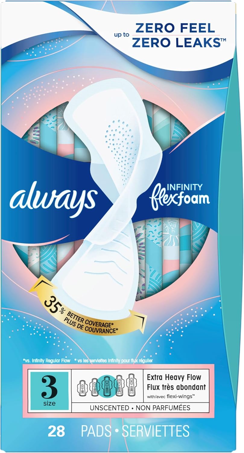 Always Infinity Feminine Pads for Women, Flexfoam Pads with Wings, Size 3, Extra Heavy Absorbency, Unscented, 84 Count (3 Packs of 28)
