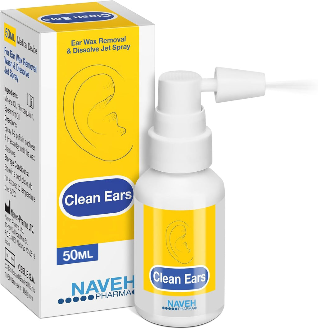 NAVEH PHARMA® CleanEars Ear Wax Removal Spray — Gentle Earwax Softening Spray for Adults, Easy-to-Use Alternative to Mineral Oil, Refreshing Spearmint Aroma, 1.69 fl oz