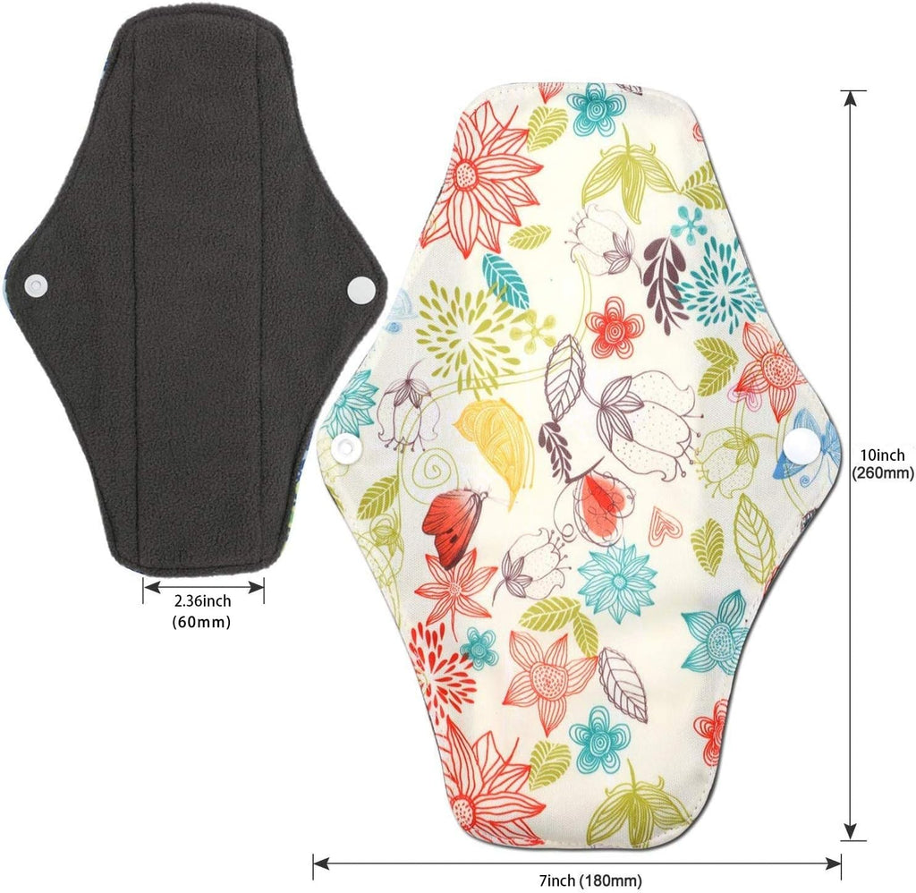PHOGARY 7 Pieces Reusable Sanitary Pads, Antibacterial Bamboo Panty Liners with Waterproof Bag, Washable Night Pads for Abundant Menstrual Flow, 10"